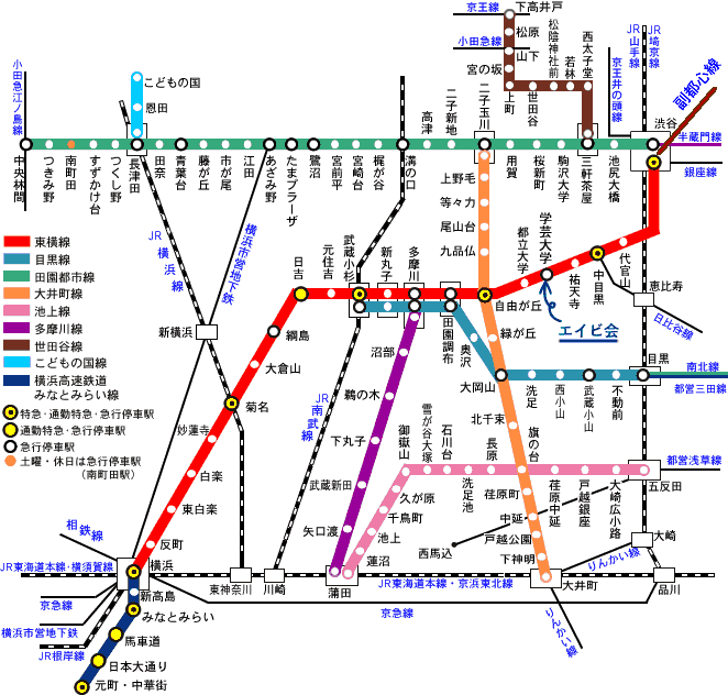 東急東横線、みなとみらい線の路線図（当塾の最寄り駅は東急東横線「学芸大学駅」です）